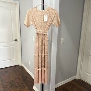 Tulle Jour Crochet Fringe Boho Western Elegant Lace Beige Pink Midi Dress XS